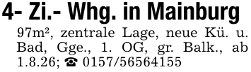 4- Zi.- Whg. in Mainburg97m², zentrale Lage, neue Kü. u. Bad, Gge., 1. OG, gr. Balk., ab 1.8.26; _ 0157/56564155