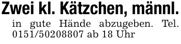 Zwei kl. Kätzchen, männl.in gute Hände abzugeben. Tel. 0151/50208807 ab 18 Uhr