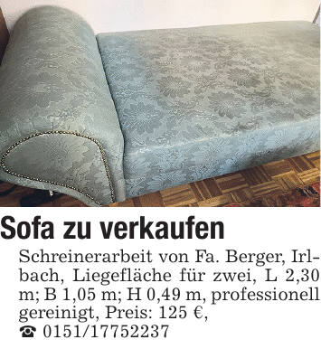 Sofa zu verkaufen Schreinerarbeit von Fa. Berger, Irlbach, Liegefläche für zwei, L 2,30 m; B 1,05 m; H 0,49 m, professionell gereinigt, Preis: 125 €, _ 0151/17752237
