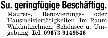 Su. geringfügige Beschäftigg.Maurer-, Renovierungs- oder Hausmeistertätigkeiten. Im Raum Waldmünchnen, Schönsee u. Umgebung. Tel. 09673 9149546