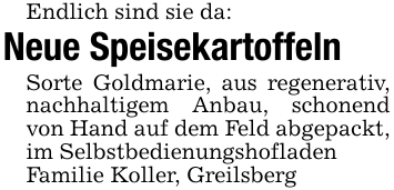 Endlich sind sie da:Neue SpeisekartoffelnSorte Goldmarie, aus regenerativ, nachhaltigem Anbau, schonend von Hand auf dem Feld abgepackt, im SelbstbedienungshofladenFamilie Koller, Greilsberg