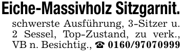 Eiche-Massivholz Sitzgarnit. schwerste Ausführung, 3-Sitzer u. 2 Sessel, Top-Zustand, zu verk., VB n. Besichtig., _ 0160/97070999