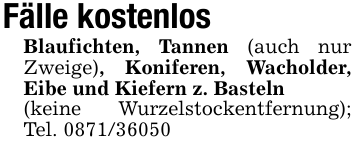 Fälle kostenlosBlaufichten, Tannen (auch nur Zweige), Koniferen, Wacholder, Eibe und Kiefern z. Basteln(keine Wurzelstockentfernung); Tel. 0871/36050
