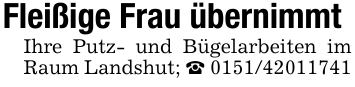 Fleißige Frau übernimmtIhre Putz- und Bügelarbeiten im Raum Landshut; _ 0151/42011741